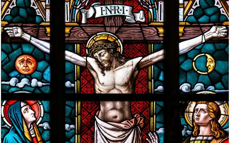 stained glass, Christ on the cross with two women looking up at Him