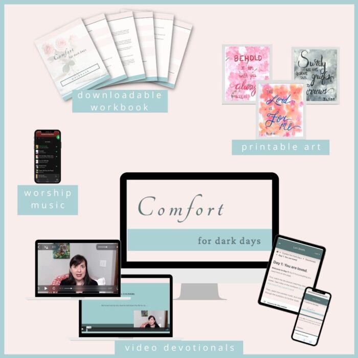 Comfort for Dark Days online course mockup, with video devotionals, worship music, downloadable workbook, and watercolor art