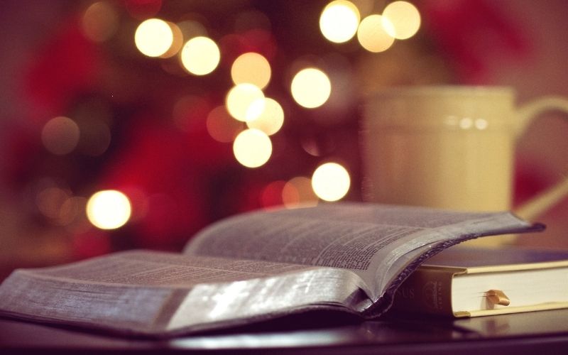 Open Bible and coffee mug with Christmas tree in the background